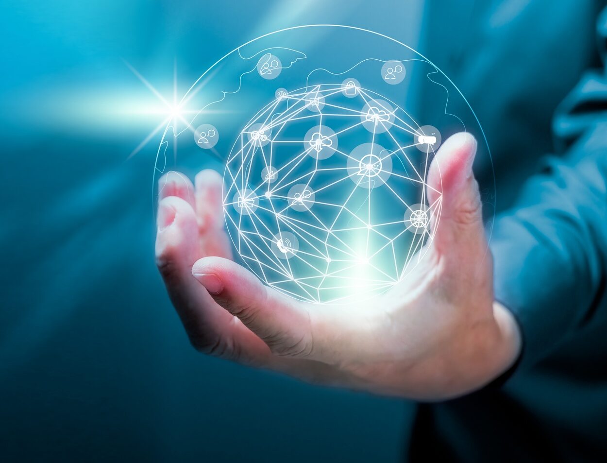 Businessman holding of global data network and social network of databases